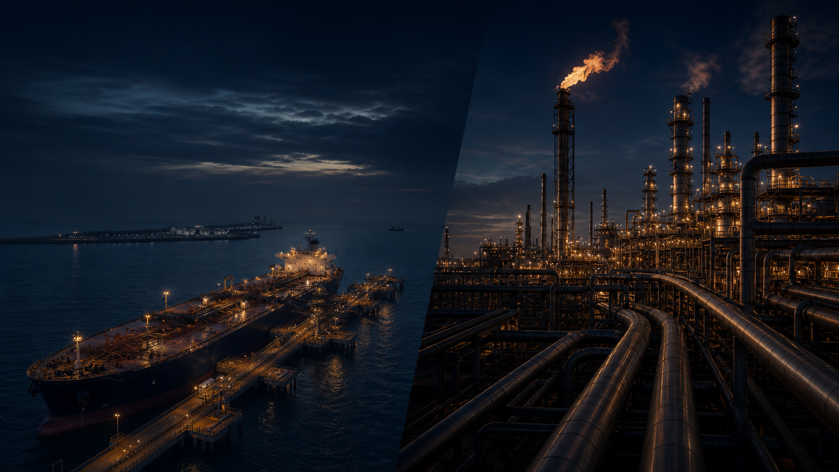 Oil tanker and illuminated refinery at night